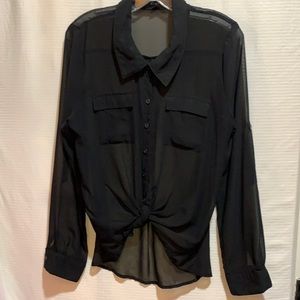 MINE SHEER BLACK BLOUSE SZ L ROLL TAB SLEEVE POLY
